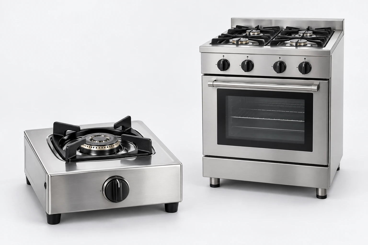 Illustrative tabletop gas burner and freestanding gas cooker