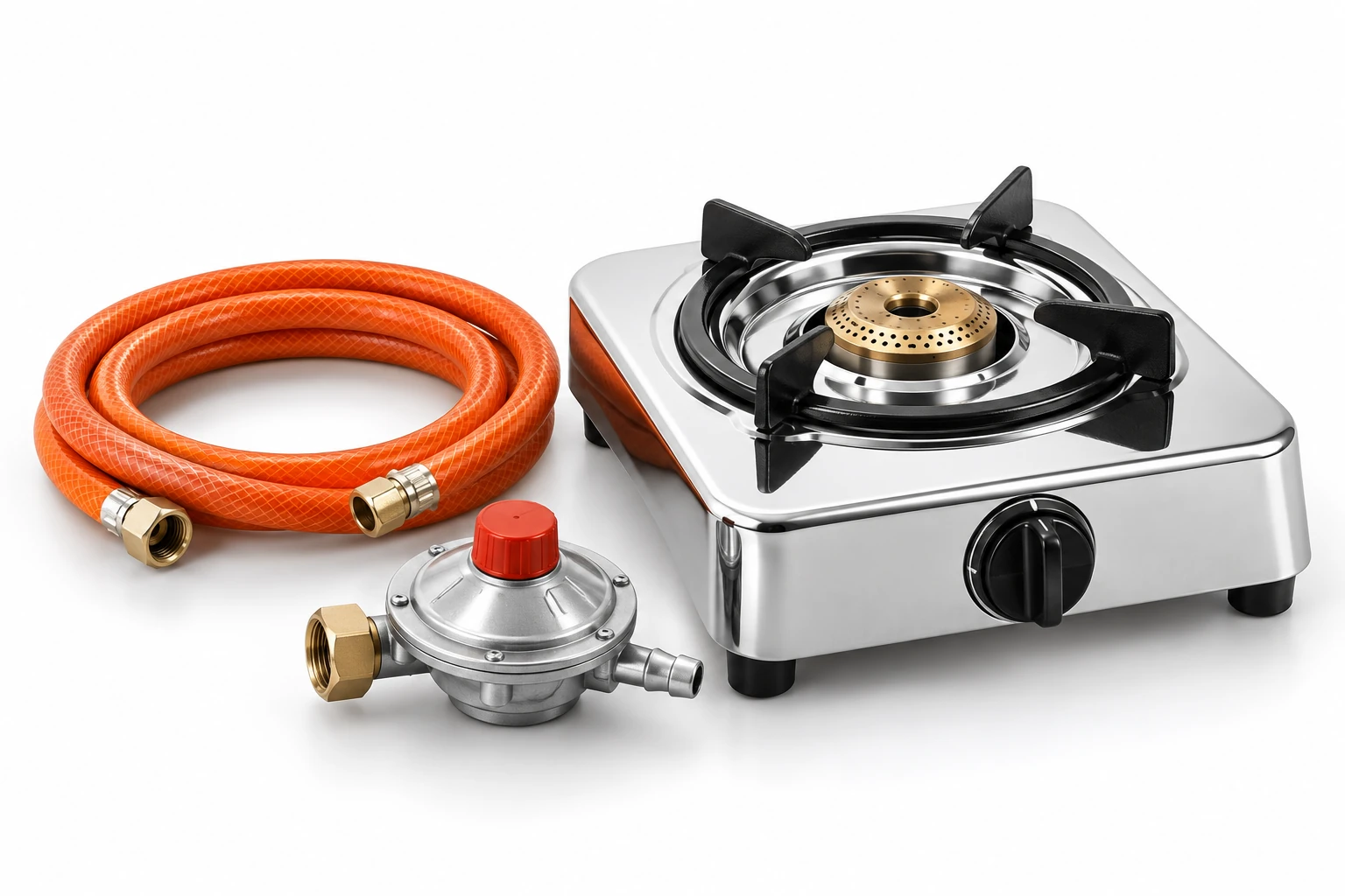 Illustrative gas regulator, orange hose and single gas burner